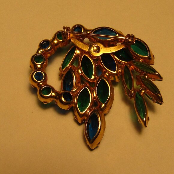 Stunning Vintage Cobalt Blue & Emerald Green Rivoli RHINESTONE BROOCH Spray - Picture 5 of 5